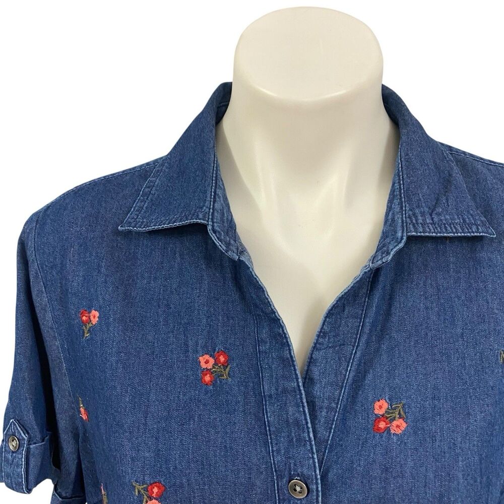 Karen Scott Shirt Womens Large Short Sleeve Top Embroidered Floral Chambray Vtg - Picture 9 of 16